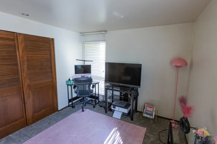 Louvered bi-fold doors, white wall paint, and carpet flooring