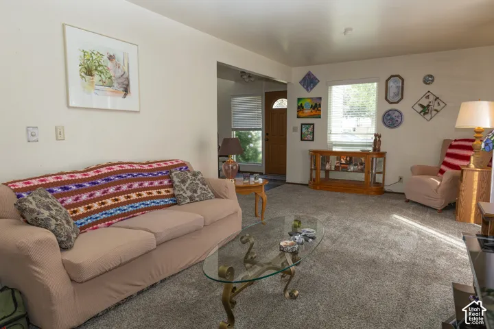 Carpeted living area featuring a front entry door with a window, a window with blinds, and white walls
