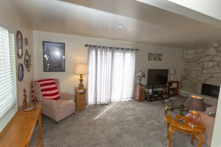 Living area with carpet flooring, sliding glass door, and a stone-clad fireplace