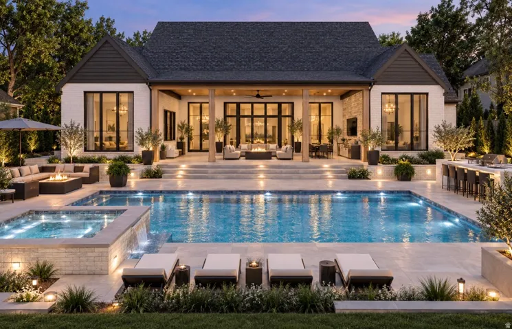 Exterior featuring a white brick facade, dark shingle roof, swimming pool, and integrated spa