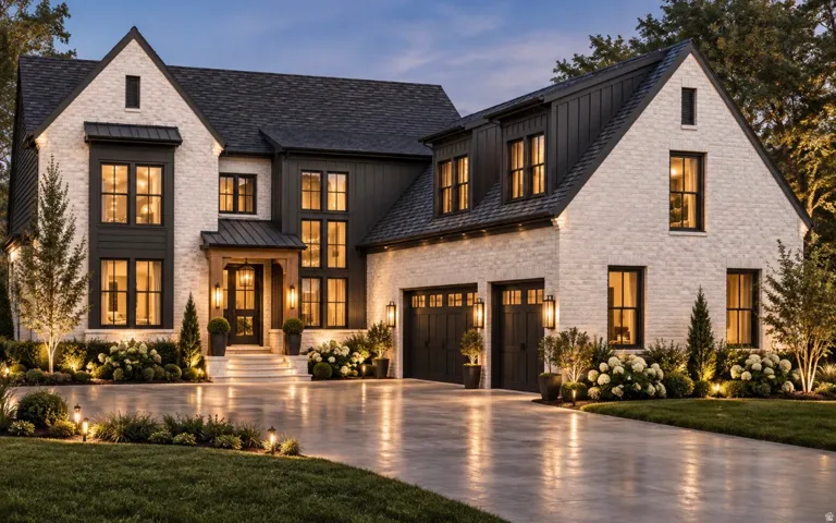 Brick and vertical siding exterior with dark trim accents