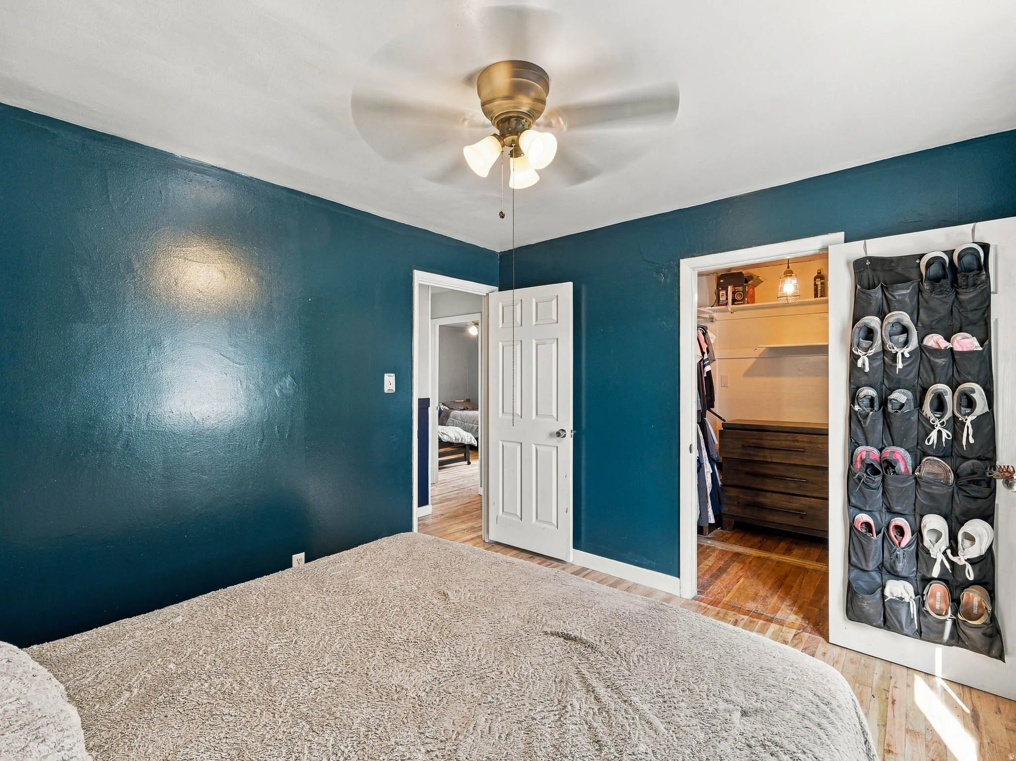 Ceiling fan with brass-finish hardware, built-in closet storage, and wood-finish flooring