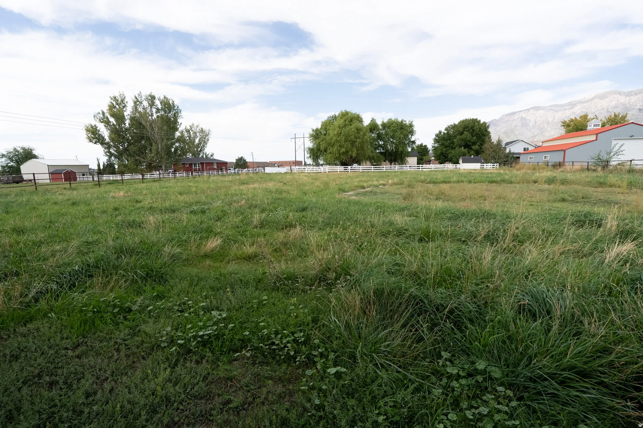 Expansive grassy field with a white fence line and distant structures