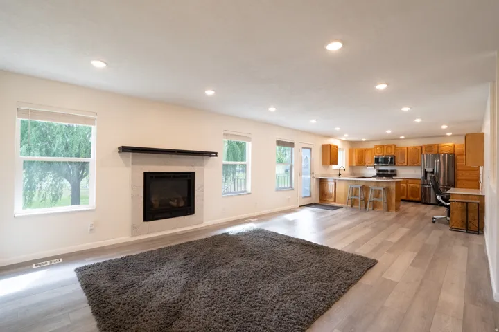 Open-concept living space showing the kitchen