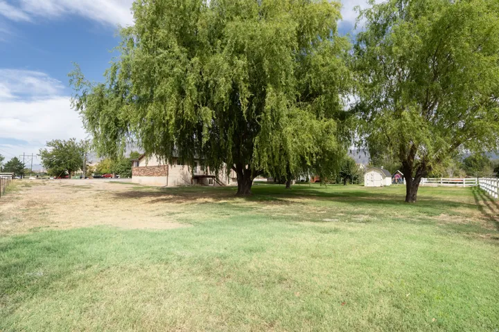 Expansive outdoor space featuring mature trees, a white picket fence, and a storage shed