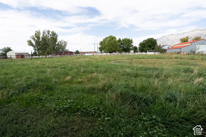 Expansive grassy field with a white fence line and distant structures