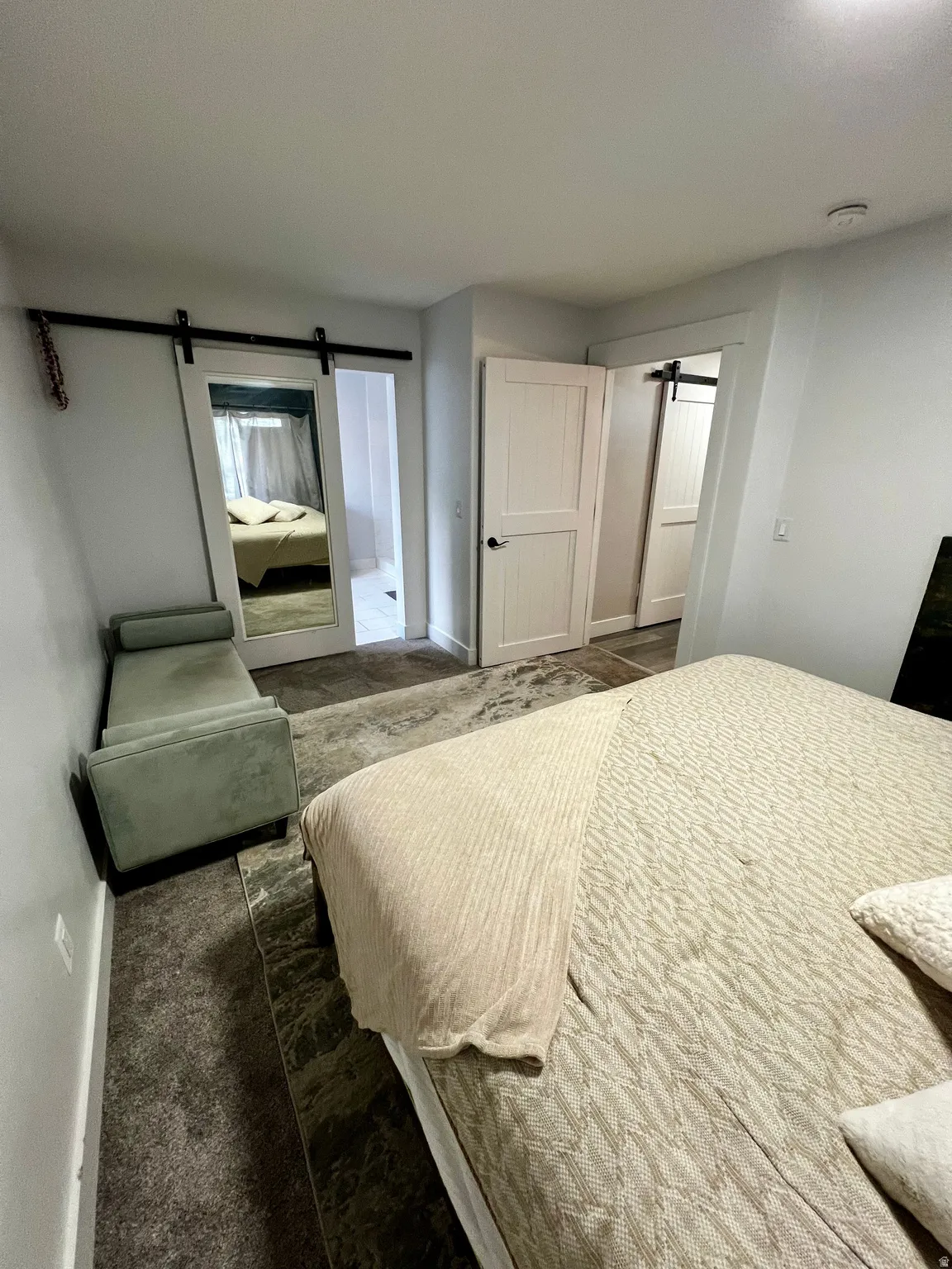 Barn door with full-length mirror, wood-finish flooring, two panel doors, and recessed ceiling light
