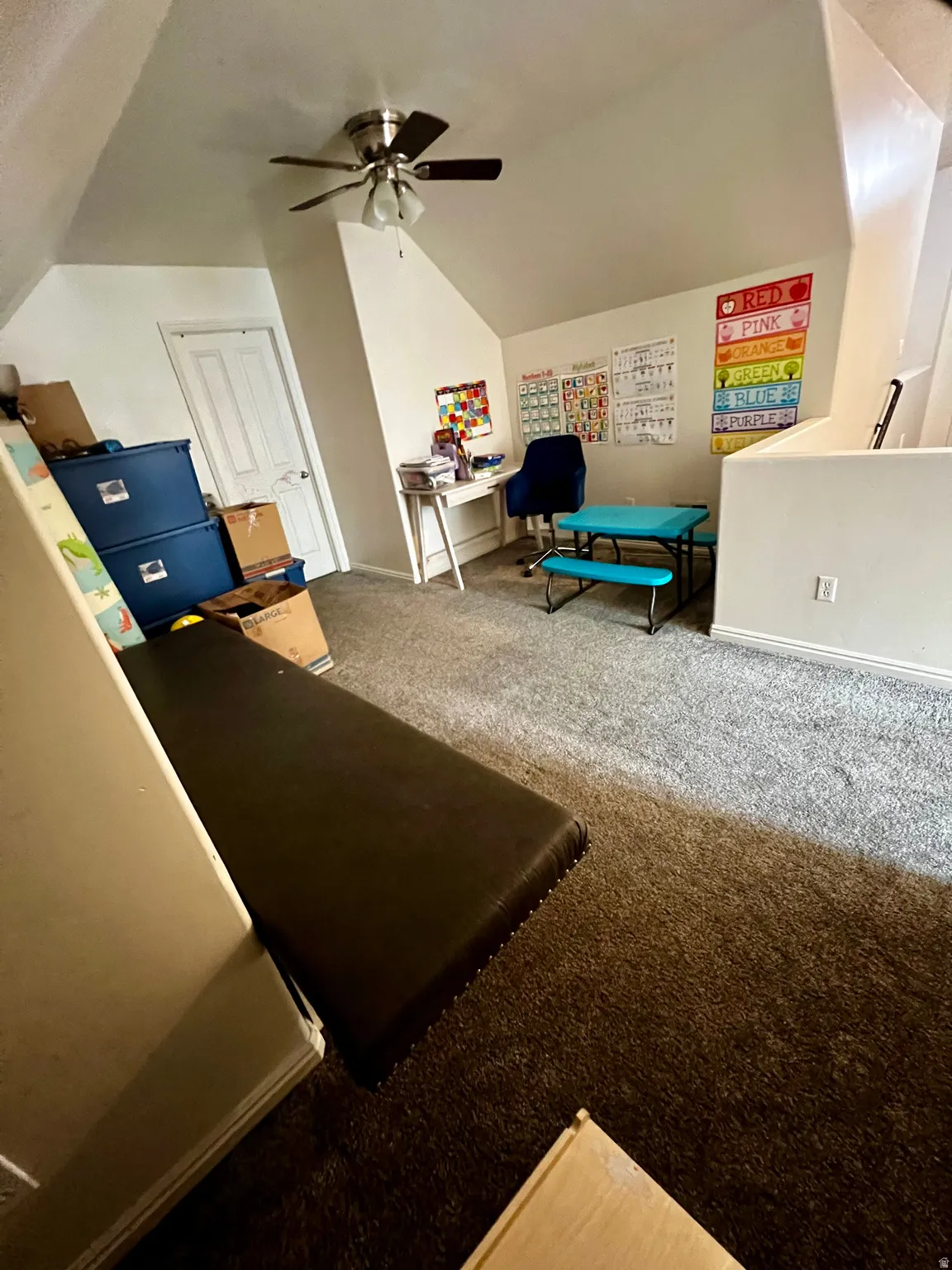 Sloped ceiling design, textured carpeting, ceiling-mounted fan, and a built-in door