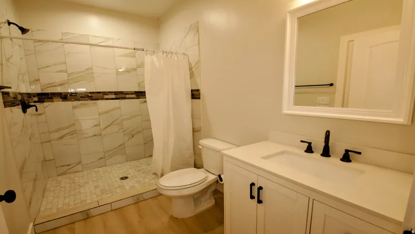 Walk-in shower with tiled walls and mosaic accent band