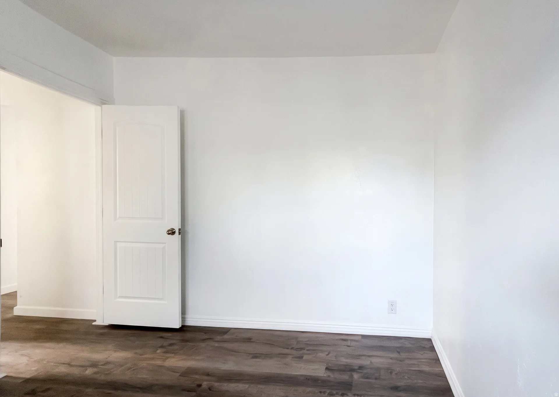 Wood-finish flooring with white baseboards, a white interior door, and white walls