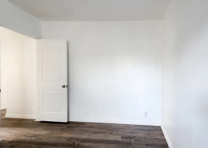 Wood-finish flooring with white baseboards, a white interior door, and white walls