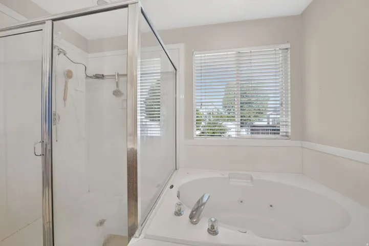 Glass-enclosed shower with a handheld showerhead and a separate jetted soaking tub with deck-mounted fixtures