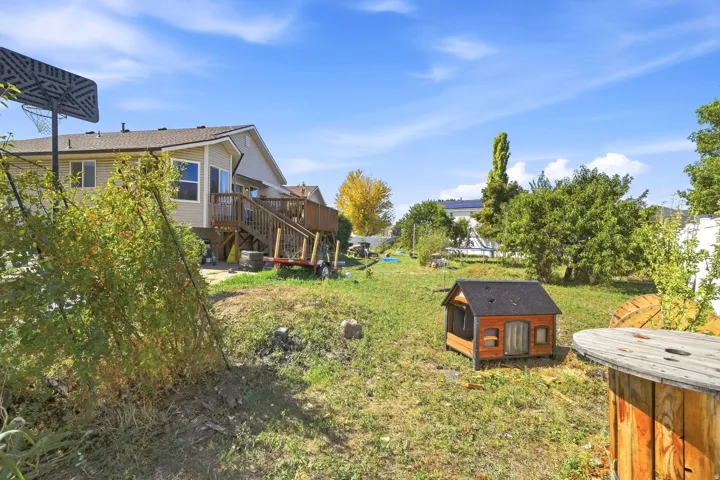 Expansive backyard featuring a large elevated wood deck with stairs, mature trees, and a grassy area