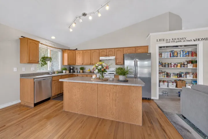 Vaulted ceiling, track lighting, wood-finish flooring, wood cabinetry, and a walk-in pantry with shelving