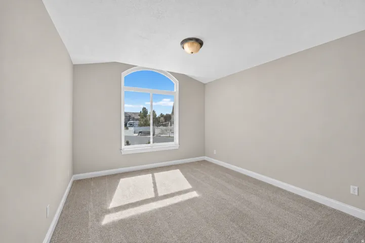 Arched window with white trim, neutral-toned walls, and textured carpeting