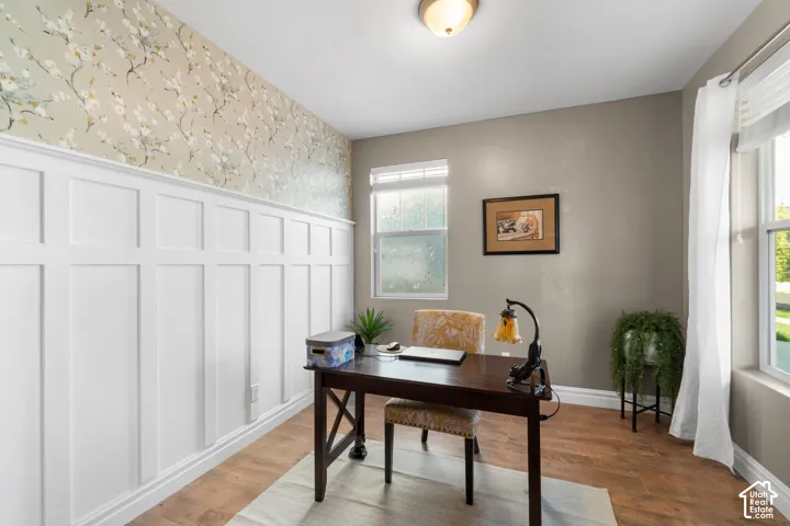 Board and batten wainscoting with accent wallpaper