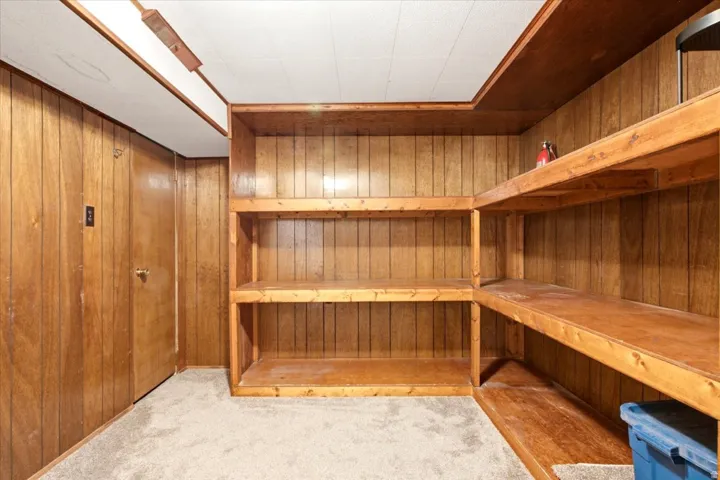 Wood paneling throughout, built-in wooden shelving, and carpeted flooring