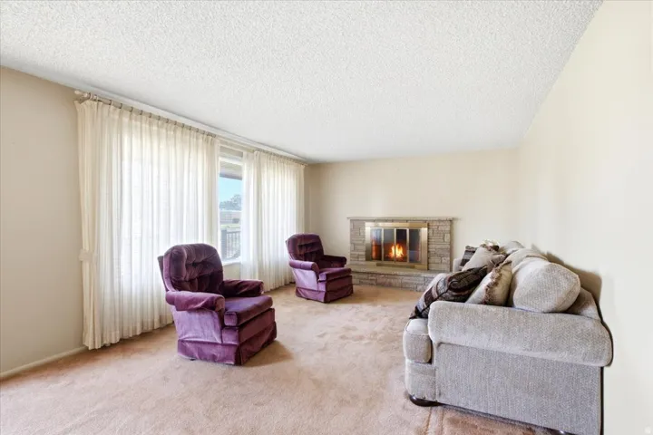 Stone-clad fireplace with metal insert, light beige carpeting, window with neutral full-length curtains, and textured ceiling