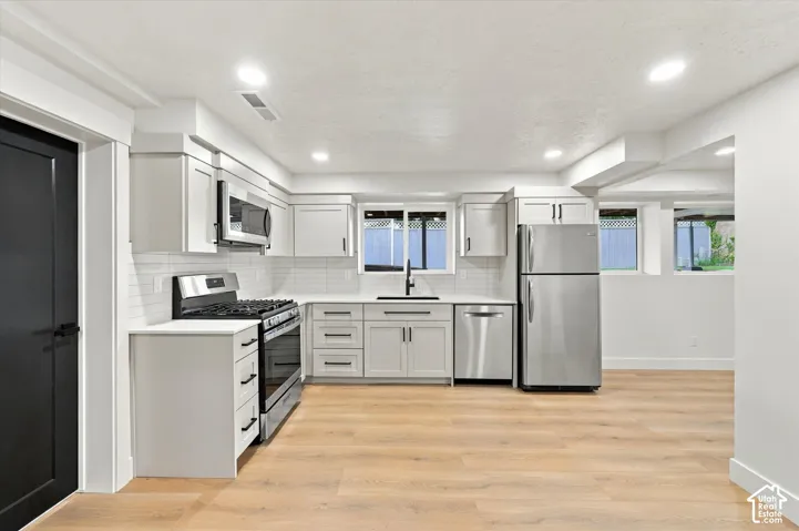 Contemporary kitchen featuring light wood-finish flooring, light grey cabinetry, stainless steel appliances, and recessed lighting