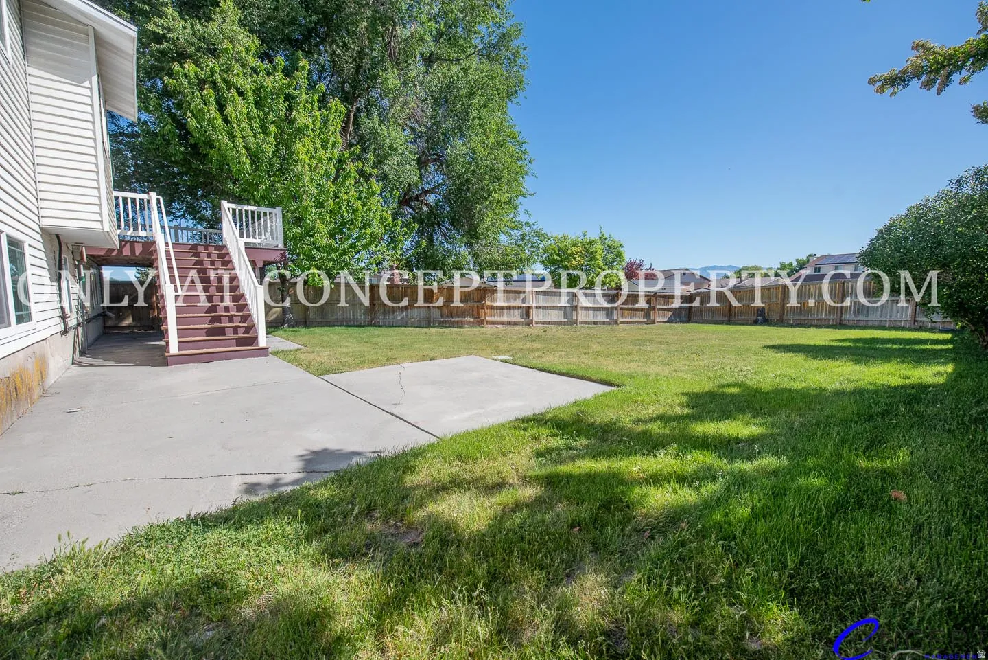 Expansive backyard featuring a manicured lawn, established privacy fencing, and a concrete patio
