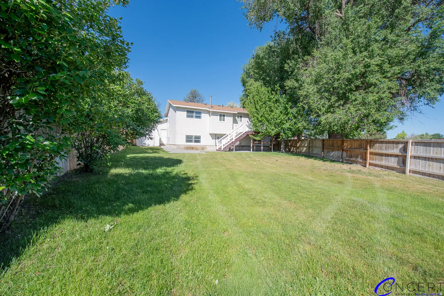 Expansive green lawn with mature trees and wood fencing