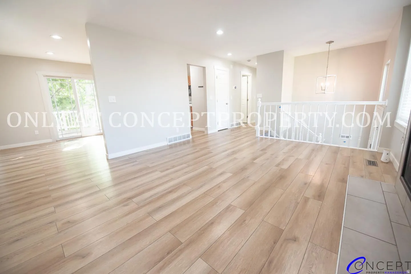 Wood-finish flooring throughout the main area