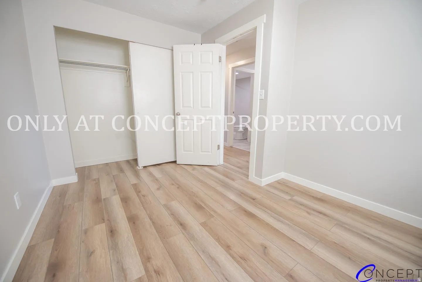 Light wood-finish flooring, white painted walls, white trim, and a built-in closet with sliding doors