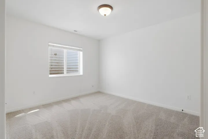 Neutral wall paint with textured carpeting and a single window with blinds
