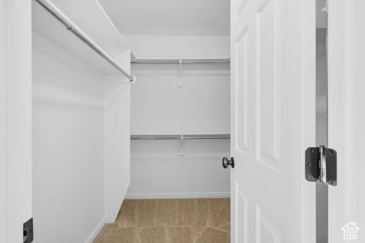 Recessed closet featuring white walls, wire shelving, and light brown carpeting