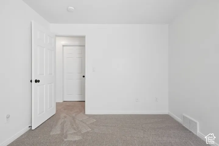 Neutral wall color, carpeted flooring, paneled interior doors, and black door hardware