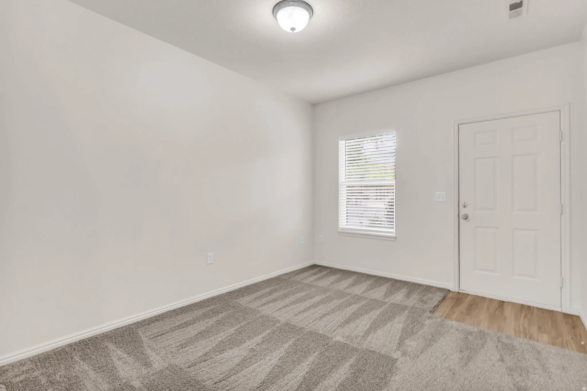 Neutral wall paint, new carpet, vinyl flooring, paneled door, and a window with blinds