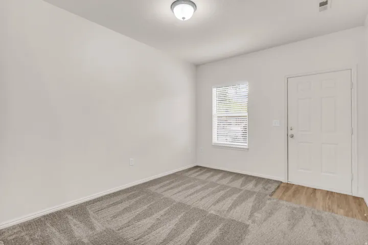 Neutral wall paint, new carpet, vinyl flooring, paneled door, and a window with blinds