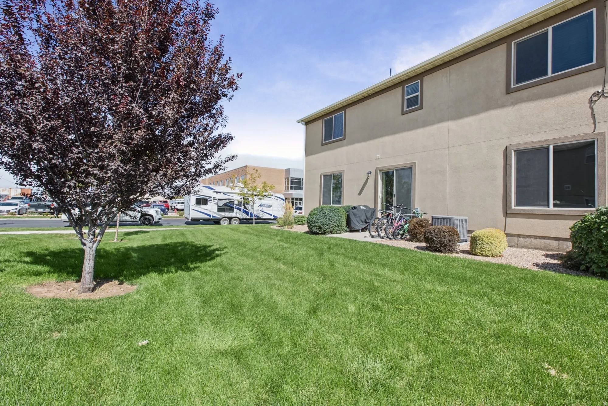 Expansive grassy yard with mature tree, concrete patio, and sliding glass door access