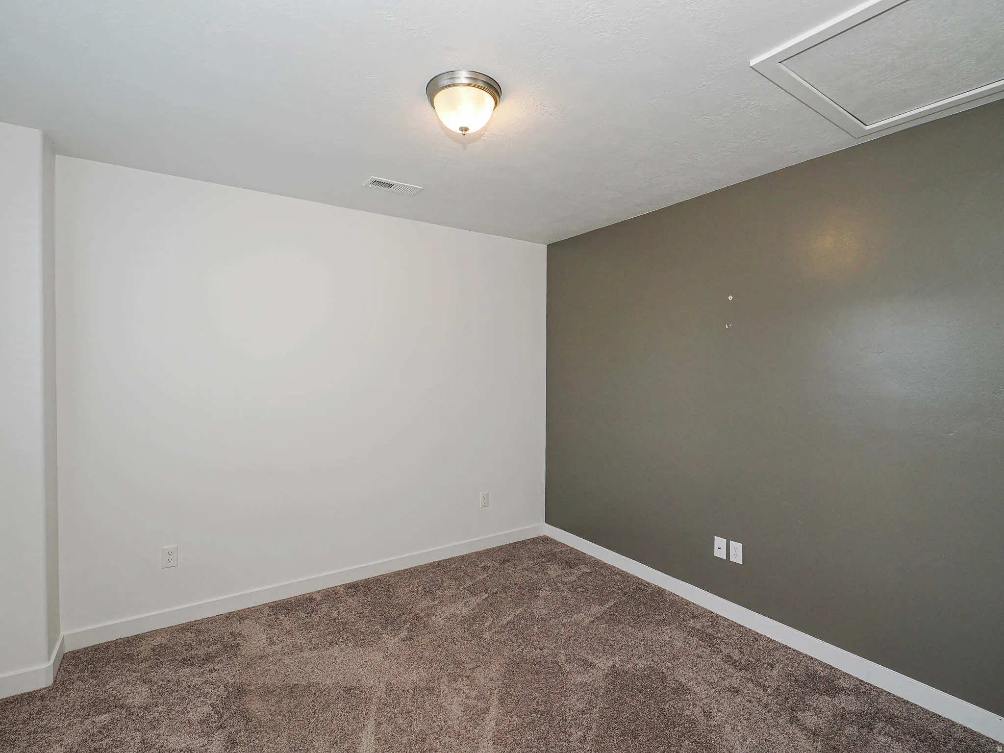 Plush carpeted flooring, white trim, and a flush mount ceiling light fixture