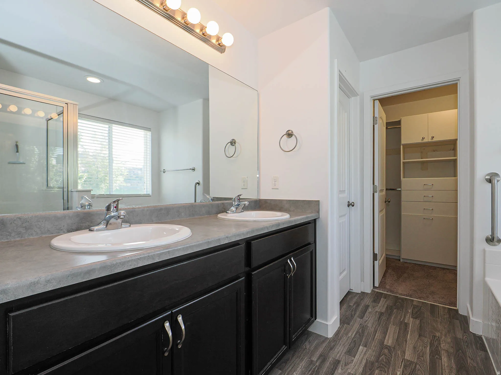 Dual vanity with integrated sinks and dark cabinetry, wood-finish flooring, full-width wall mirror, and built-in closet organization system