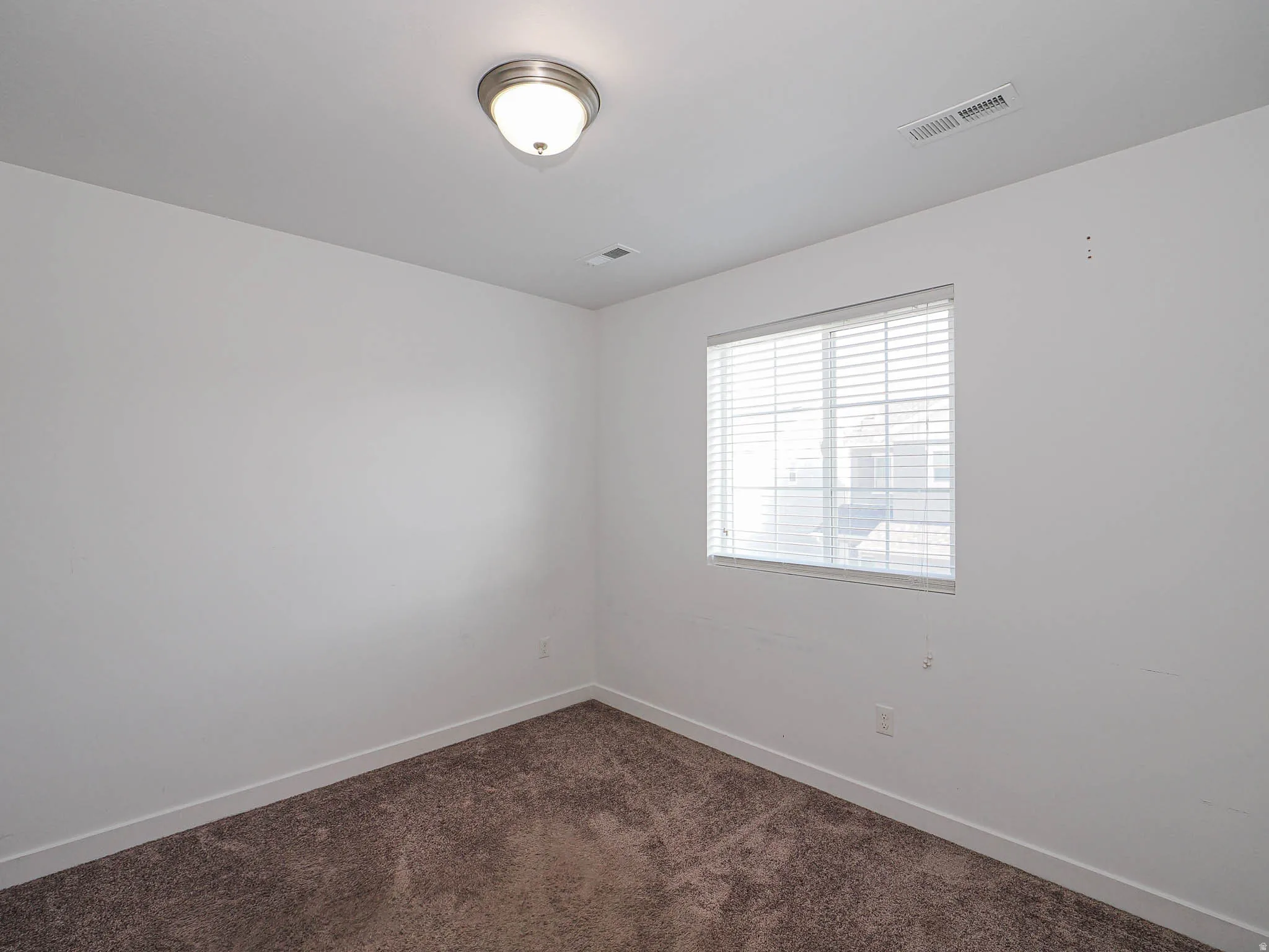 Neutral wall color, textured carpet, window with blinds, ceiling light fixture