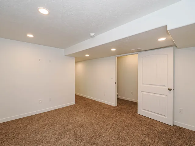 Plush carpeting, recessed lighting, white walls, and a white paneled door