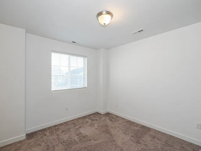 Neutral wall finishes, recessed window with blinds, overhead flush mount lighting, and carpet flooring