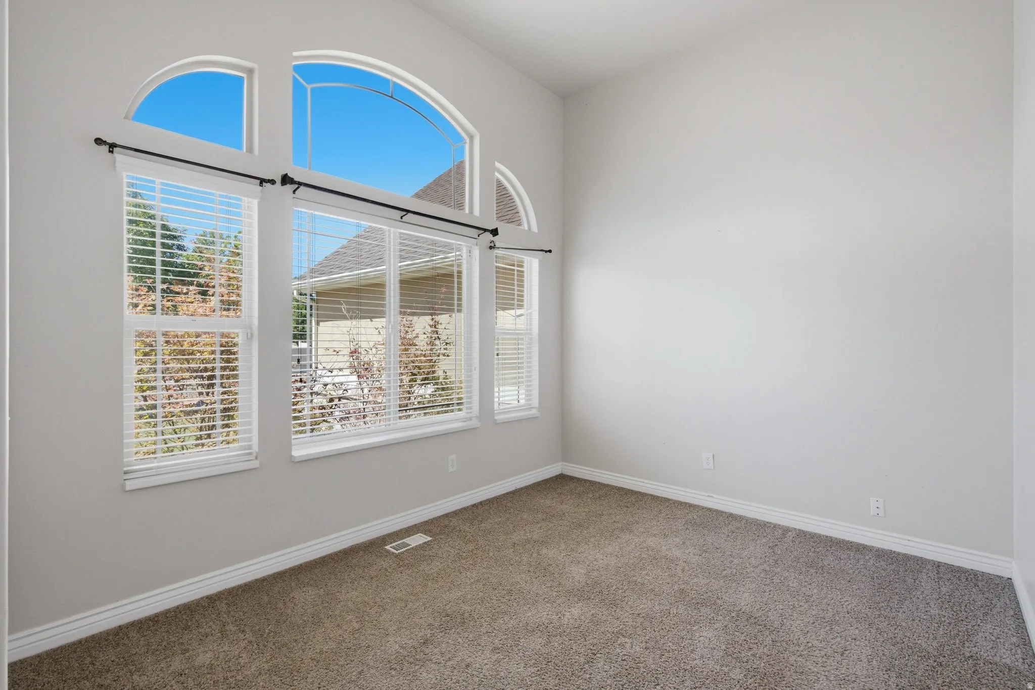 Vaulted ceilings, large arched windows, multiple rectangular windows, and neutral carpeting