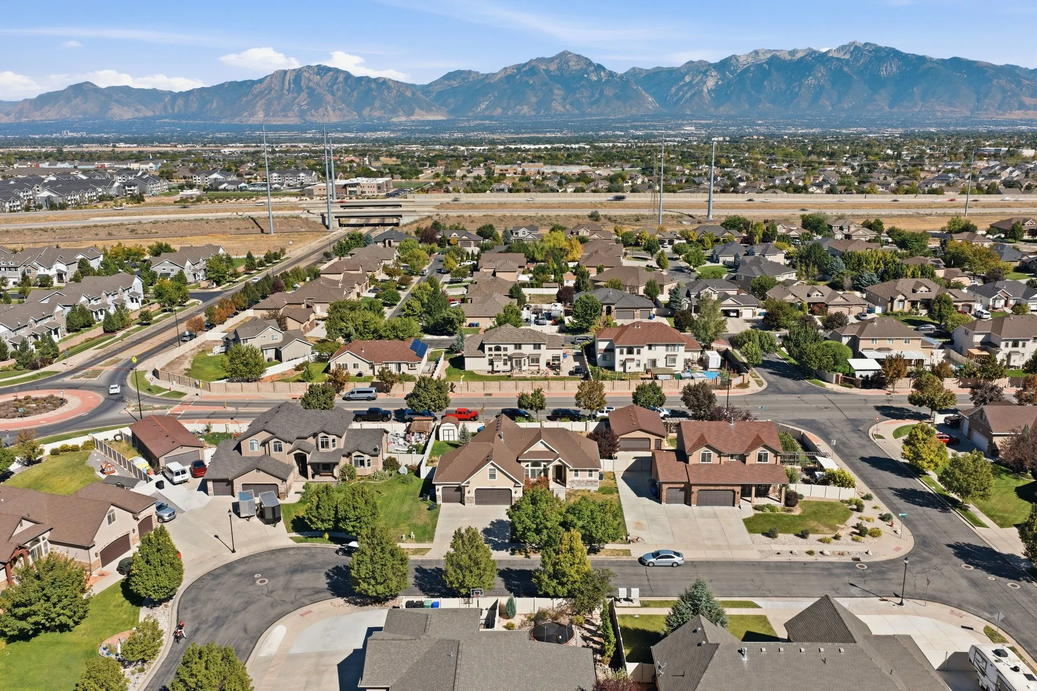 Residential neighborhood featuring single-family homes, mature trees, and paved streets