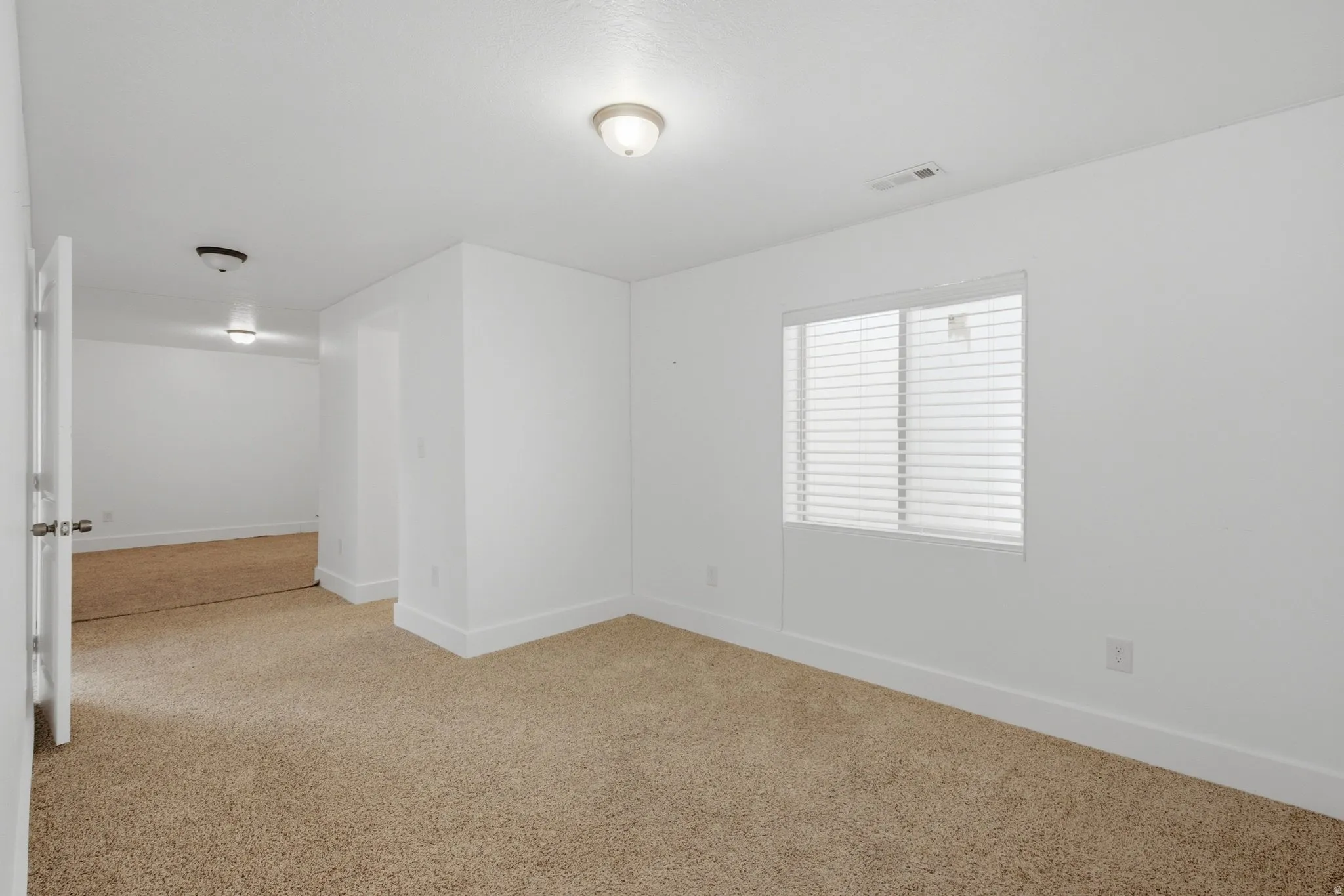Neutral-toned carpeting, white walls, and a window with horizontal blinds