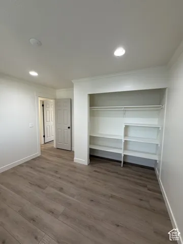 Wood-finish flooring, recessed lighting, and a closet featuring built-in shelving and a hanging rod