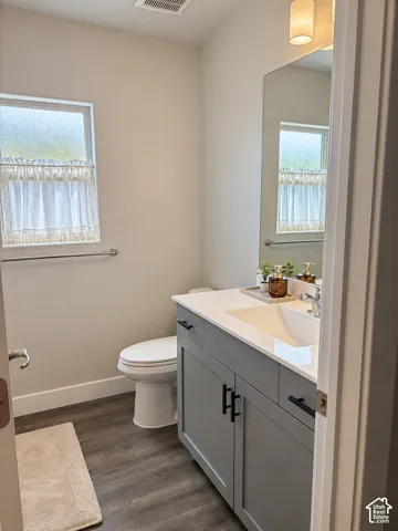 Powder room featuring a single-sink vanity with gray cabinetry, white countertop, and wood-finish flooring