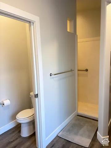 Walk-in shower with grab bar, built-in wall niche, and wood-finish flooring