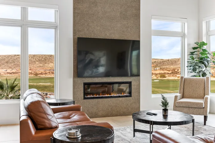 Integrated linear fireplace within a textured accent wall
