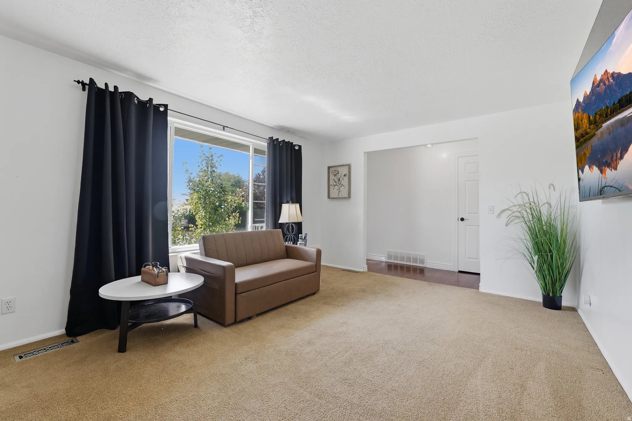 Bright living area featuring a large window, light-toned carpeting, and a white interior door