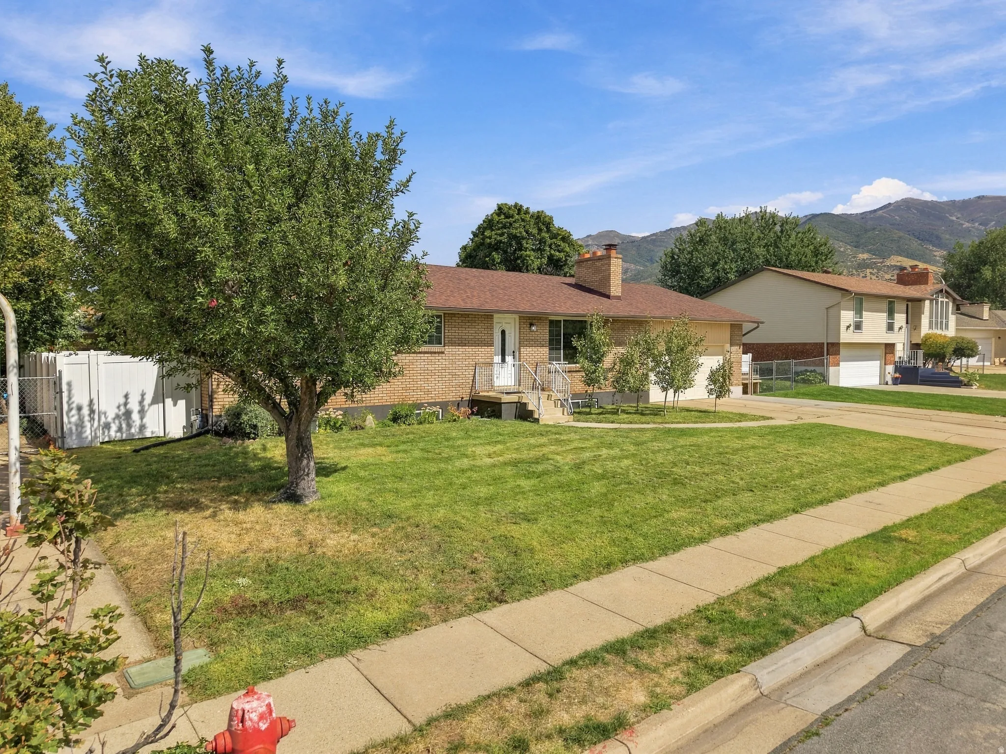 Brick exterior with a brown shingle roof, mature front yard tree, and concrete walkway