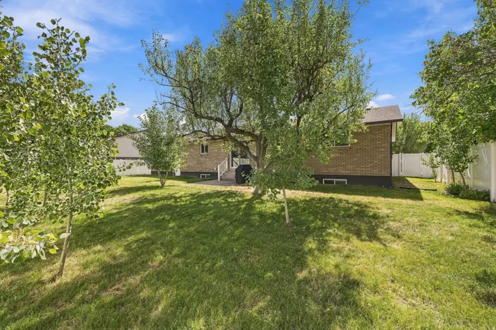 Expansive rear yard featuring green lawn, mature trees, and a brick exterior
