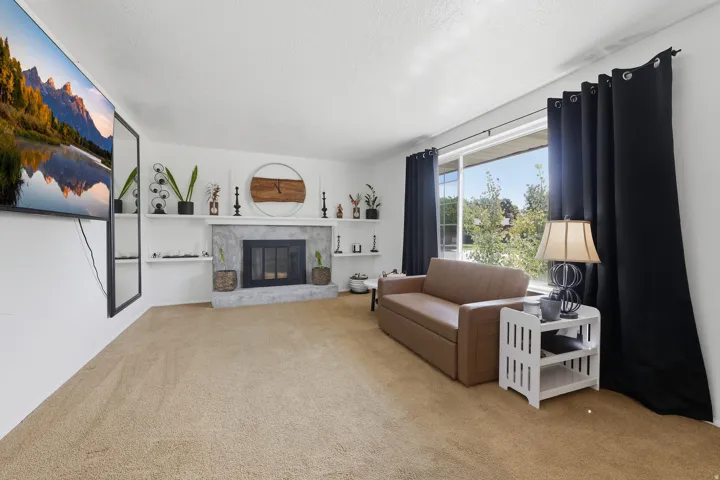 Living area with carpeted flooring, a fireplace featuring a stone surround, built-in shelving, and a large sliding glass door