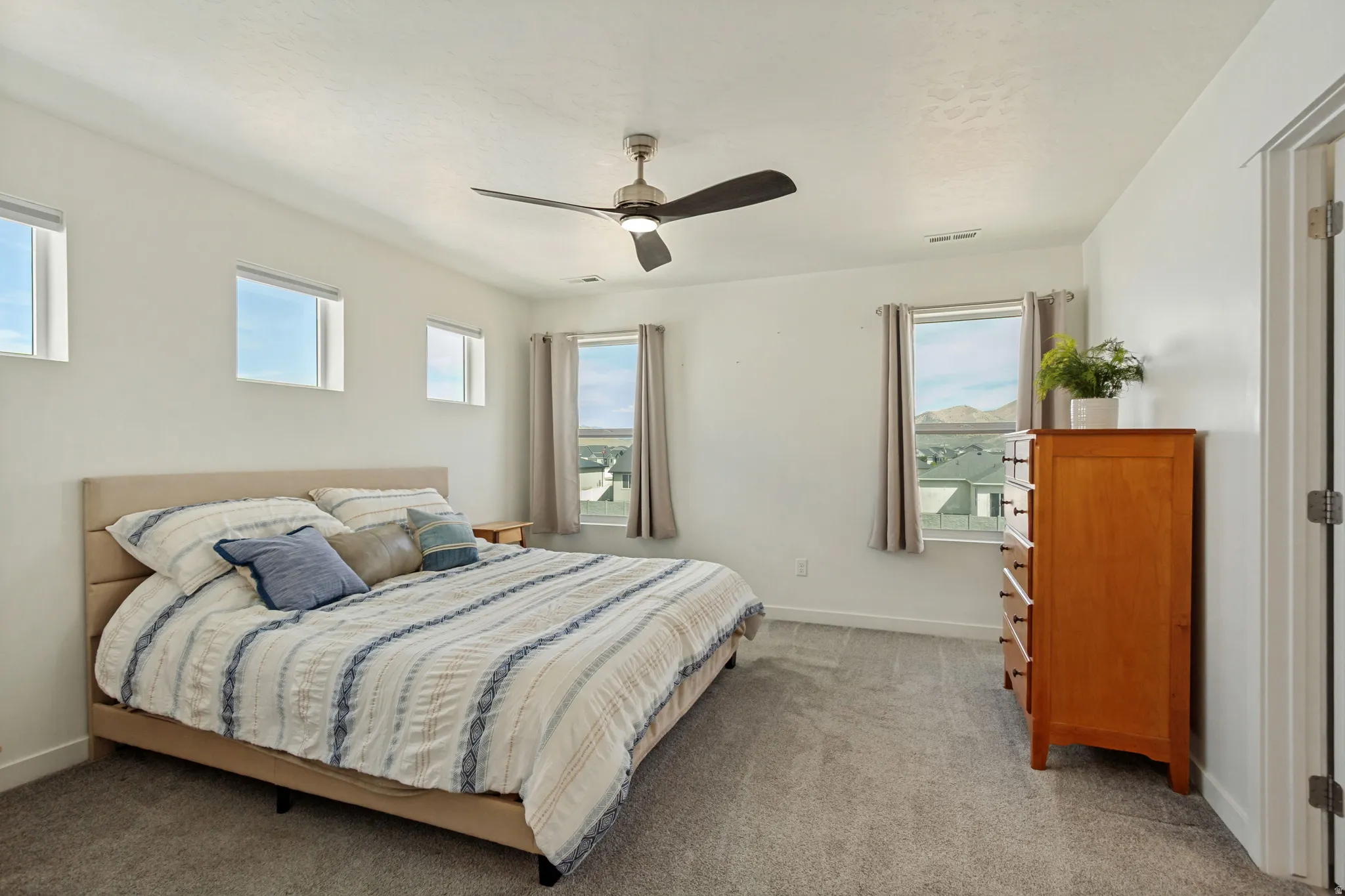 White walls, light gray carpet flooring, multiple windows with neutral curtains, and a ceiling fan with integrated lighting